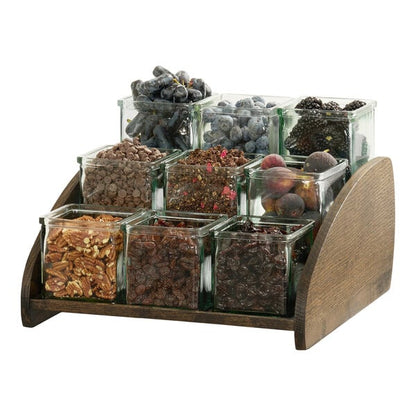 13 1/2" x 14" 3-Tier Oak Jar w/ 9 Square Condiment Display – item 211M27059136