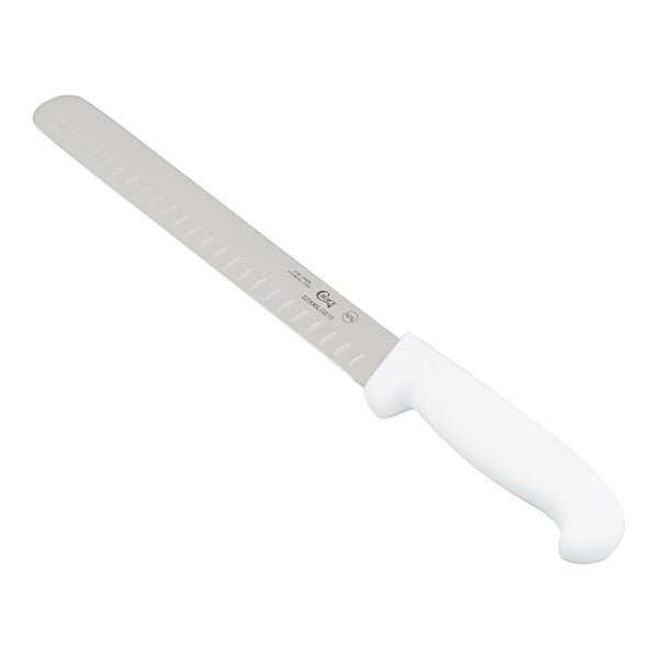 Choice 10" Granton Edge Slicing Knife w/ White Handle – item 220KWSLCGE10
