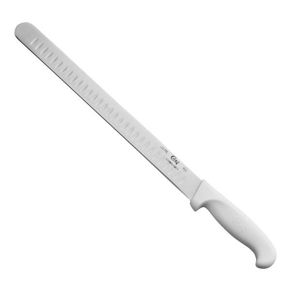 Choice 14" Granton Edge Slicing Knife w/ White Handle – item 220KWSLCGE14