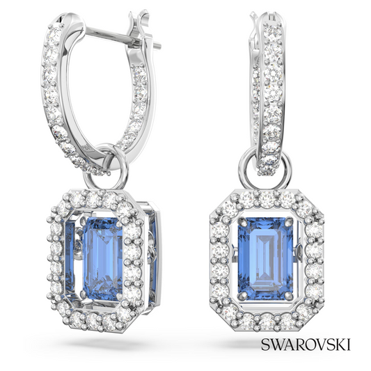 Swarovski Una drop earrings, Octagon cut, Blue, Rhodium – item 5619500