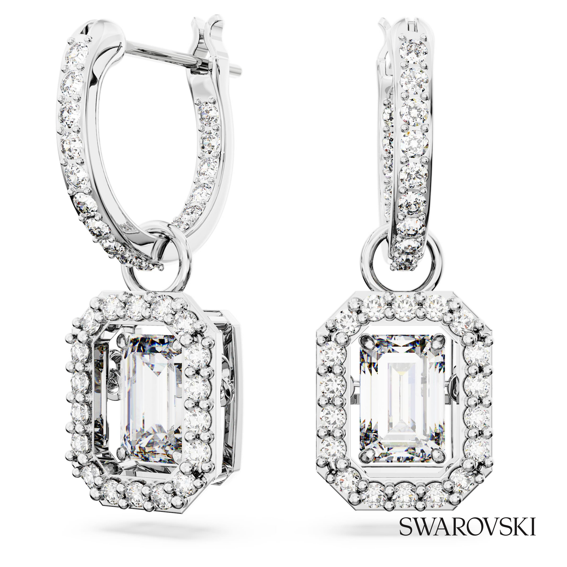 Swarovski Una drop earrings, Octagon cut, White, Rhodium – item 5638495