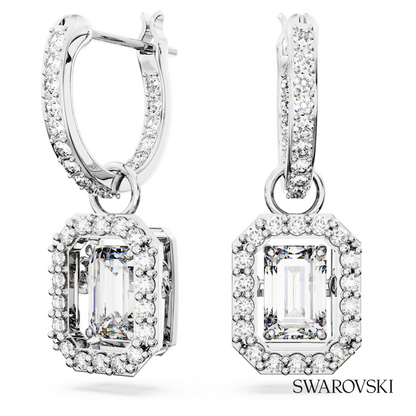 Swarovski Una drop earrings, Octagon cut, White, Rhodium – item 5638495