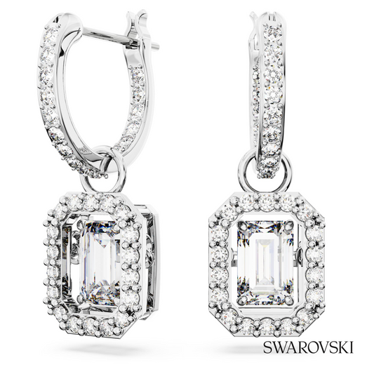 Swarovski Una drop earrings, Octagon cut, White, Rhodium – item 5638495