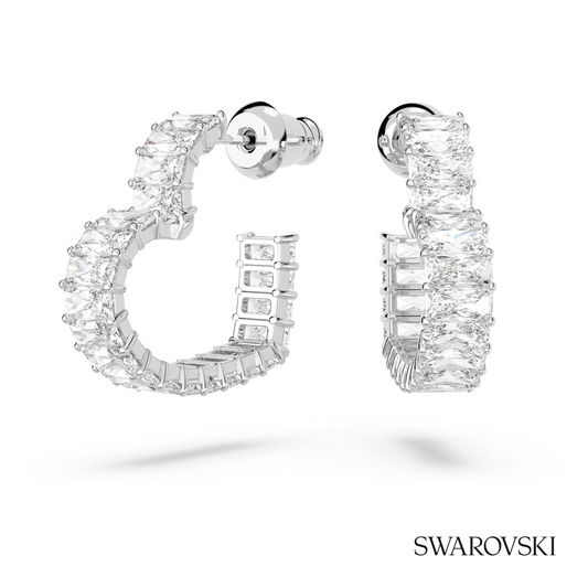 Matrix hoop earrings, Baguette cut, Heart, Small, White, Rhodium plated – item 5653170