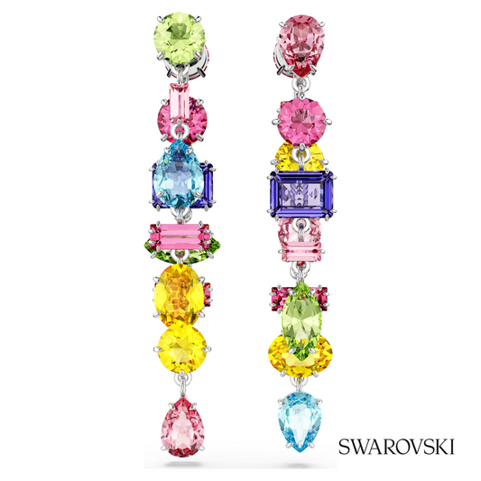 Gema drop earrings, Asymmetrical design, Mixed cuts, Long, Multicolored, Rhodium plated – item 5656417