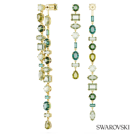 Gema drop earrings, Asymmetrical design, Mixed cuts, Extra long, Green, 18K gold finish – item 5657390