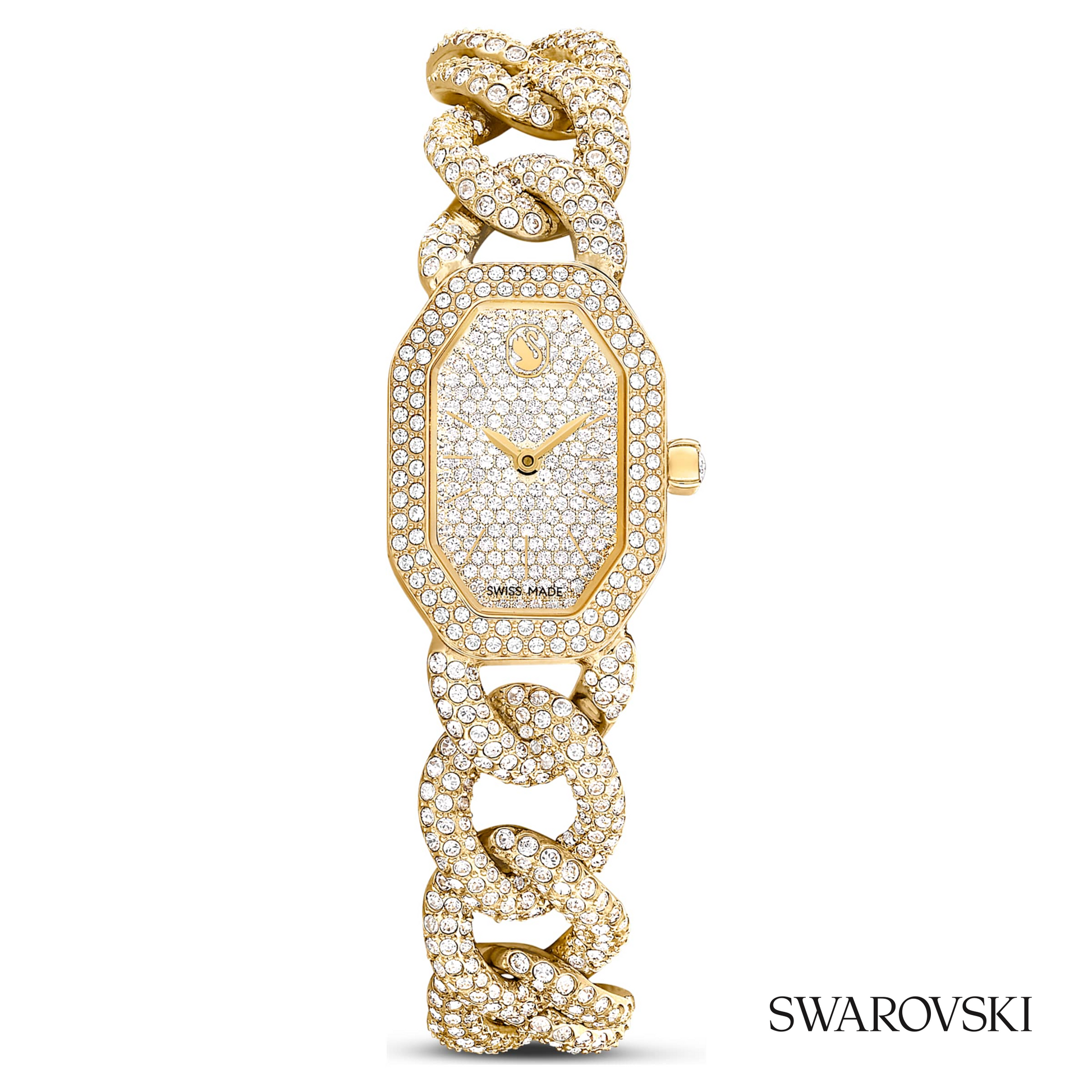 Dextera chain watch, Swiss Made, Crystal bracelet, Gold tone