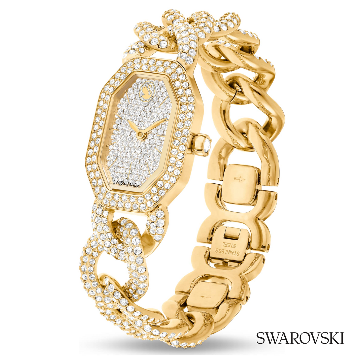 Dextera chain watch, Swiss Made, Crystal bracelet, Gold tone
