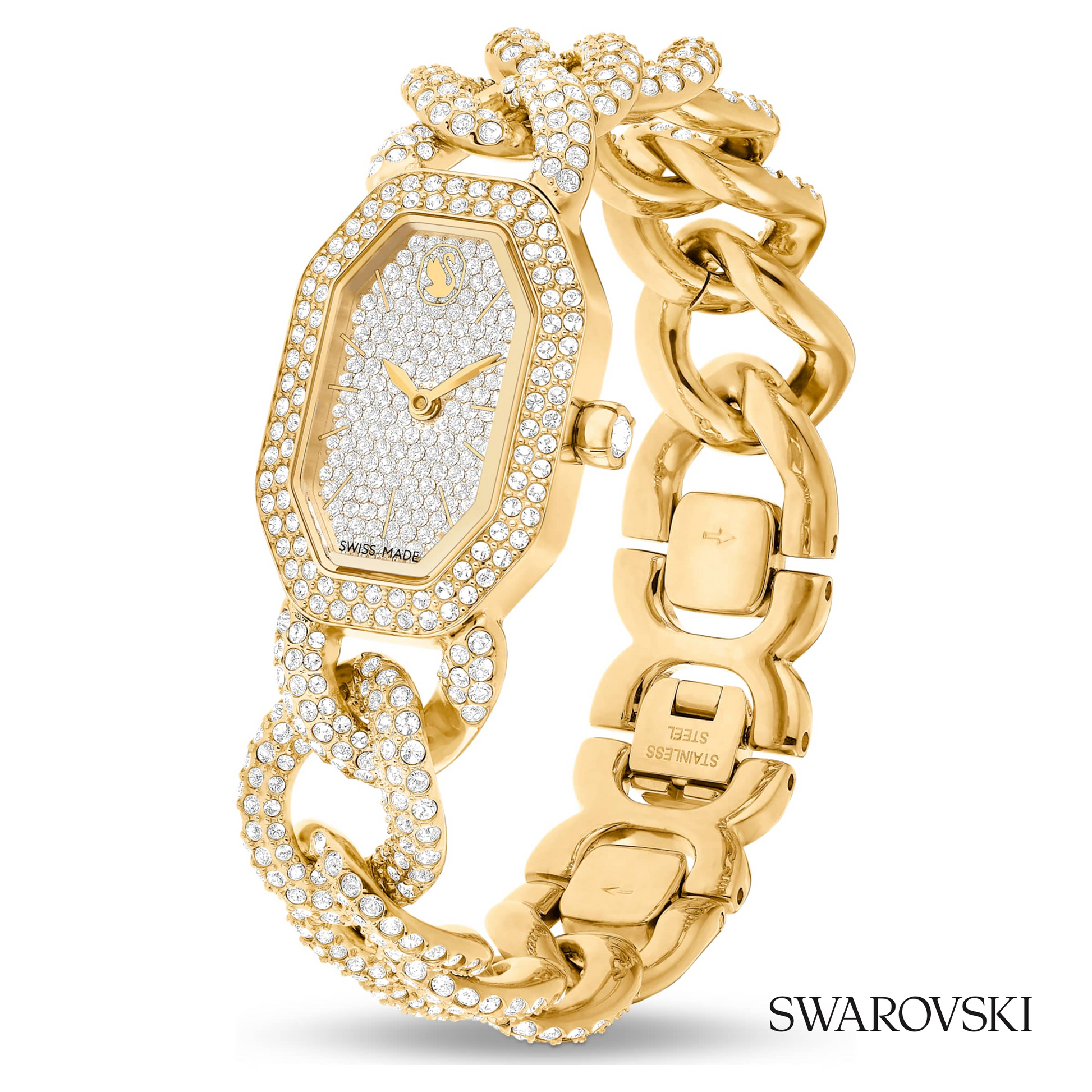 Dextera chain watch, Swiss Made, Crystal bracelet, Gold tone