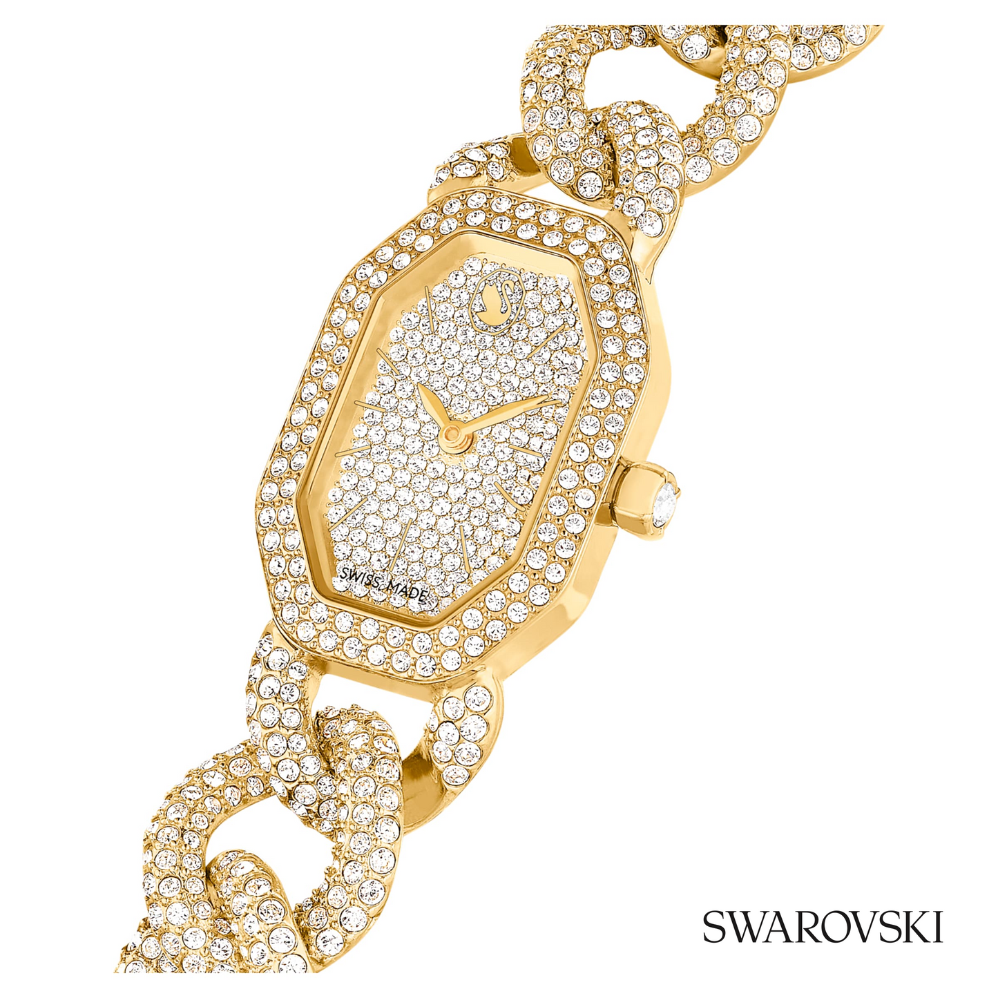 Dextera chain watch, Swiss Made, Crystal bracelet, Gold tone