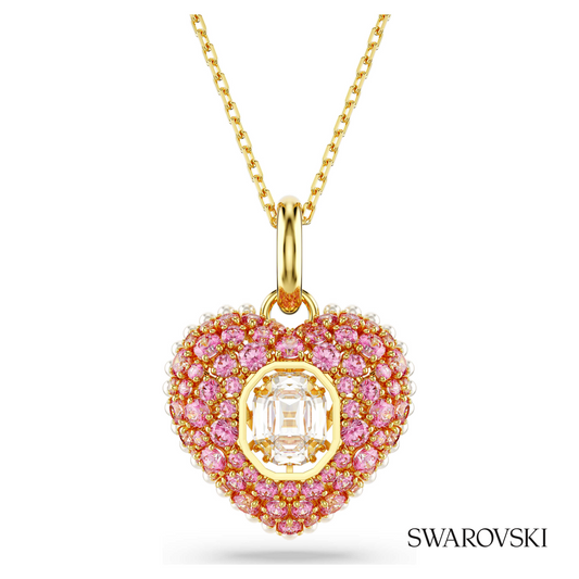 Idyllia pendant, Octagon cut, Crystal pearl, Heart, Pink, 18K gold finish – item 5680784