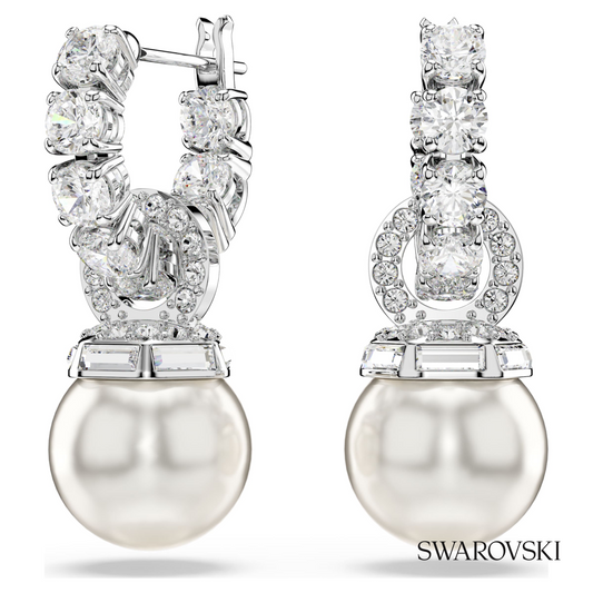 Matrix drop earrings, Crystal pearl, Round cut, White, Rhodium plated – item 5691716