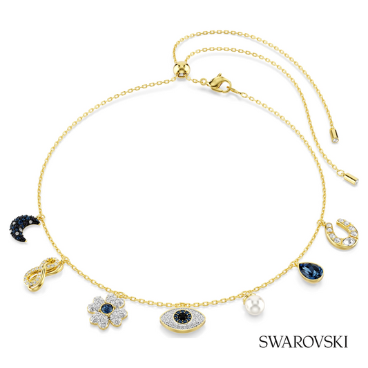 Symbolica choker, Crystal pearl, Moon, infinity, clover, evil eye and horseshoe, Blue, 18K gold finish – item 5692164