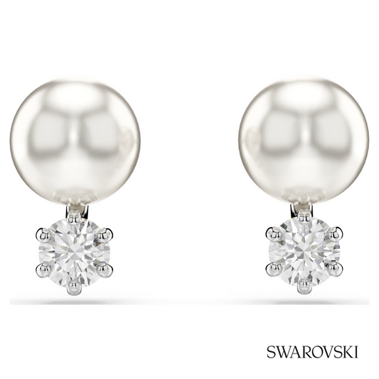 Matrix stud earrings, Crystal pearl, Round cut, White, Rhodium plated – item 5694225