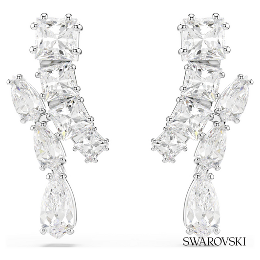 Matrix drop earrings, Mixed cuts, White, Rhodium plated – item 5700418