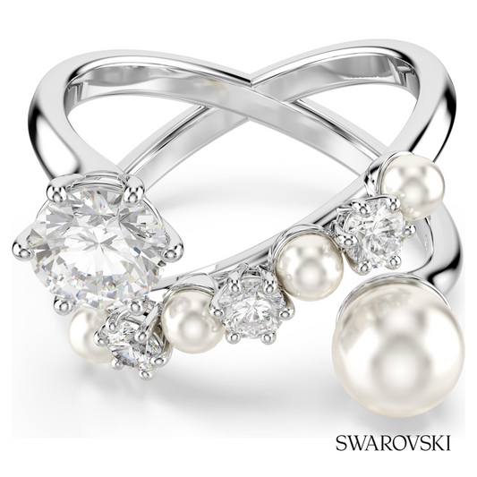Matrix cocktail ring, Crystal pearl, Round cut, White, Rhodium plated – item 5705612