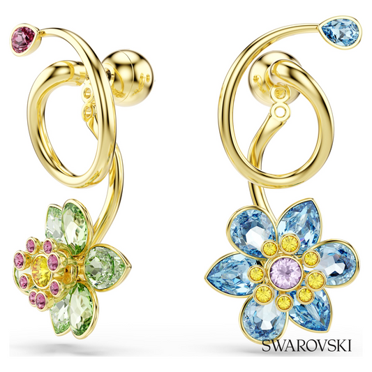 Idyllia drop earrings, Asymmetrical design, Mixed cuts, Flower, Multicolored, 18K gold finish – item 5709025