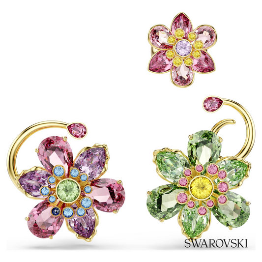 Idyllia ear cuff, Set (3), Asymmetrical design, Mixed cuts, Flower, Multicolored, 18K gold finish – item 5709026