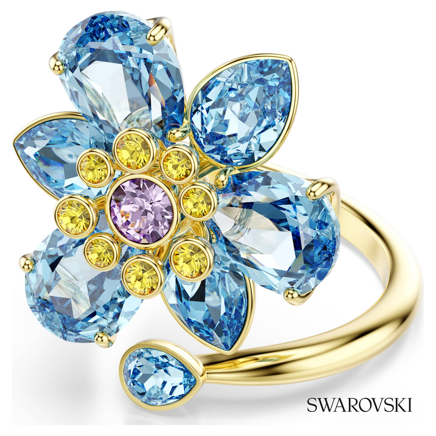 Swarovski Idyllia open ring, Mixed cuts, Flower, Blue, 18K – item 5709031