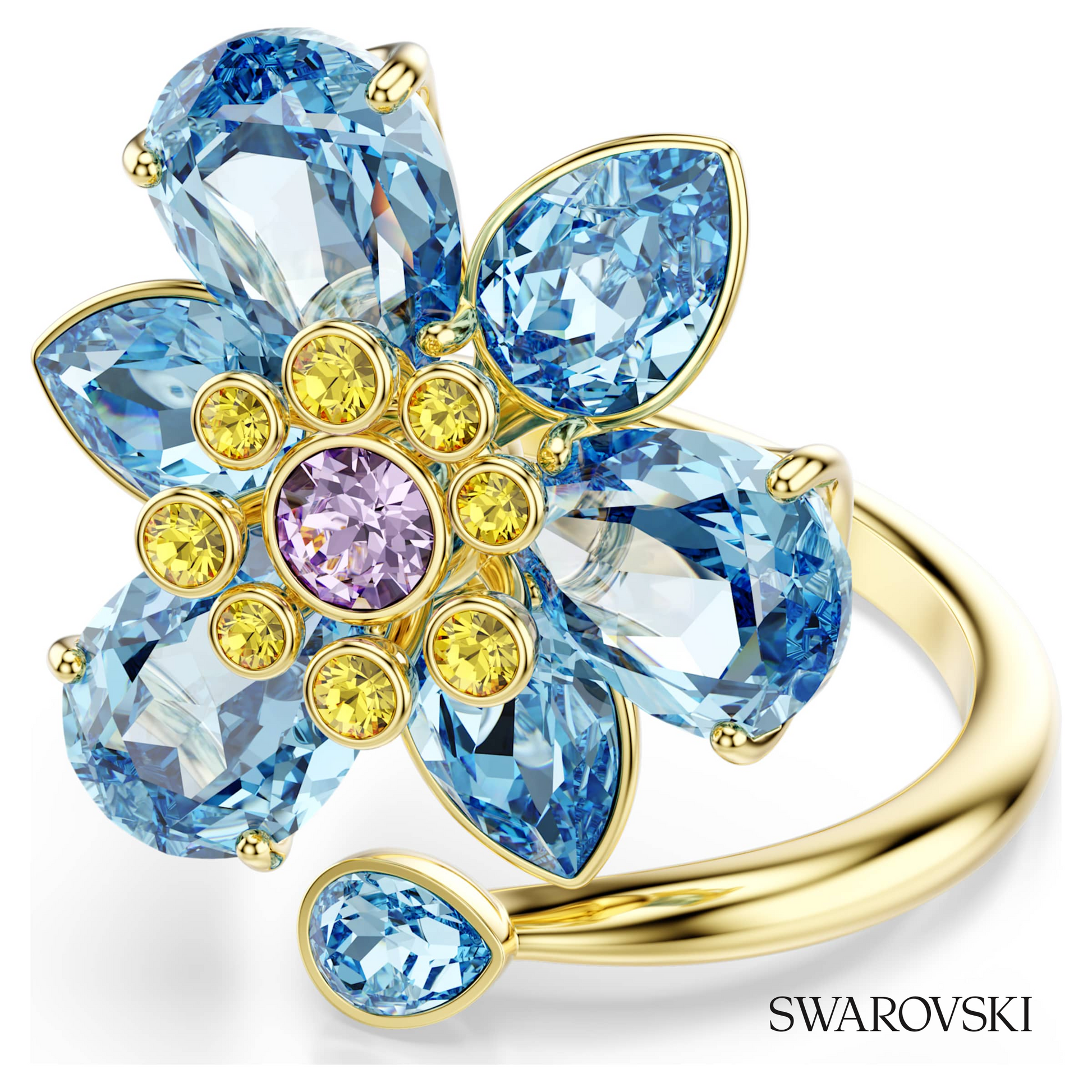 Swarovski Idyllia open ring, Mixed cuts, Flower, Blue, 18K – item 5709031