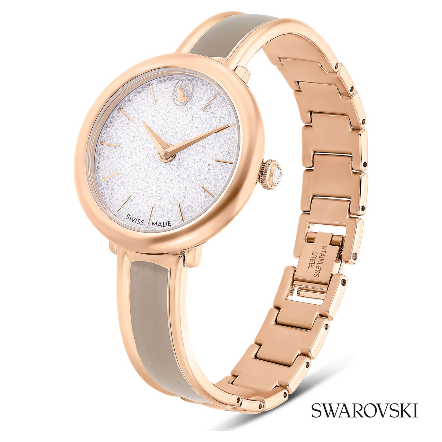 Crystalline bangle watch, Swiss Made, Metal bracelet, Beige