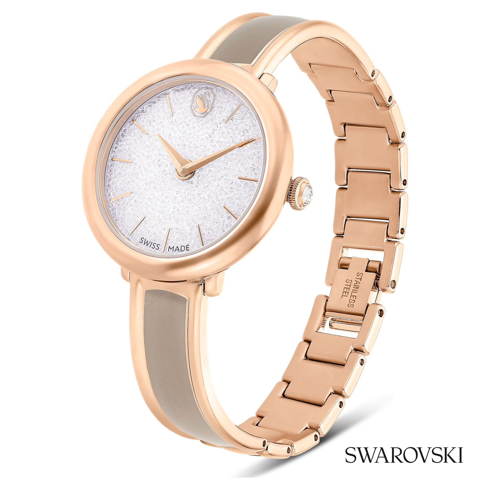 Crystalline bangle watch, Swiss Made, Metal bracelet, Beige