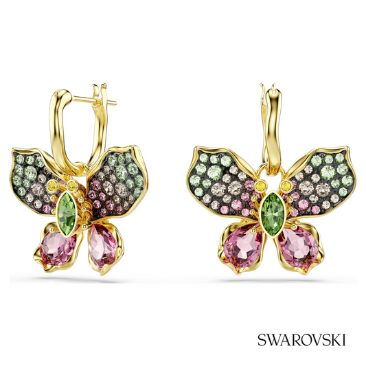 Idyllia drop earrings, Mixed cuts, Pave, Butterfly, Multicolored, 18K gold finish – item 5709953
