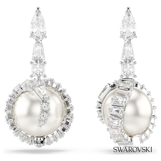 Snake drop earrings, Crystal pearl, Mixed cuts, Year of the Snake, White, Rhodium plated – item 5714668