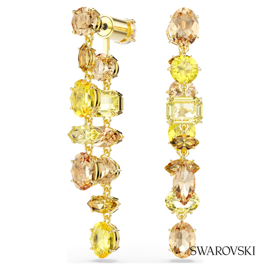 Gema drop earrings, Asymmetrical design, Mixed cuts, Long, Yellow, 18K gold finish – item 5718073