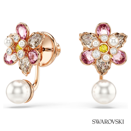 Idyllia earring jackets, Crystal pearl, Mixed cuts, Flower, Multicolored, 18K rose gold finish – item 5722100