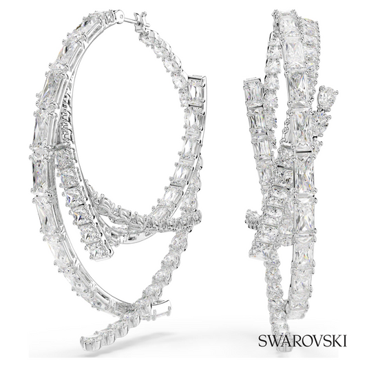 Matrix hoop earrings, Mixed cuts, White, Rhodium plated – item 5727098