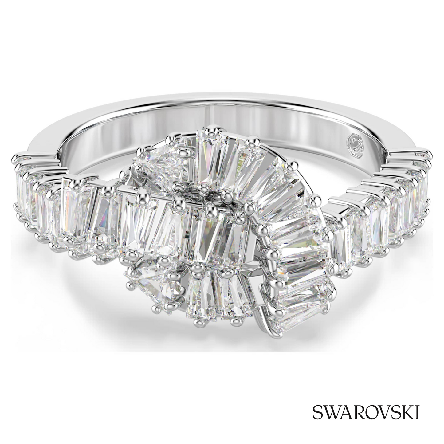 Swarovski Matrix ring, Baguette cut, Knot, White, Rhodium – item 5727112