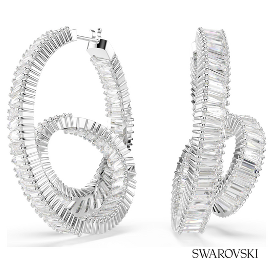Matrix hoop earrings, Baguette cut, Ribbon, White, Rhodium plated – item 5727113