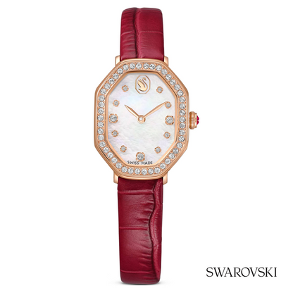 Dextera octagon watch, Swiss Made, Leather strap, Red