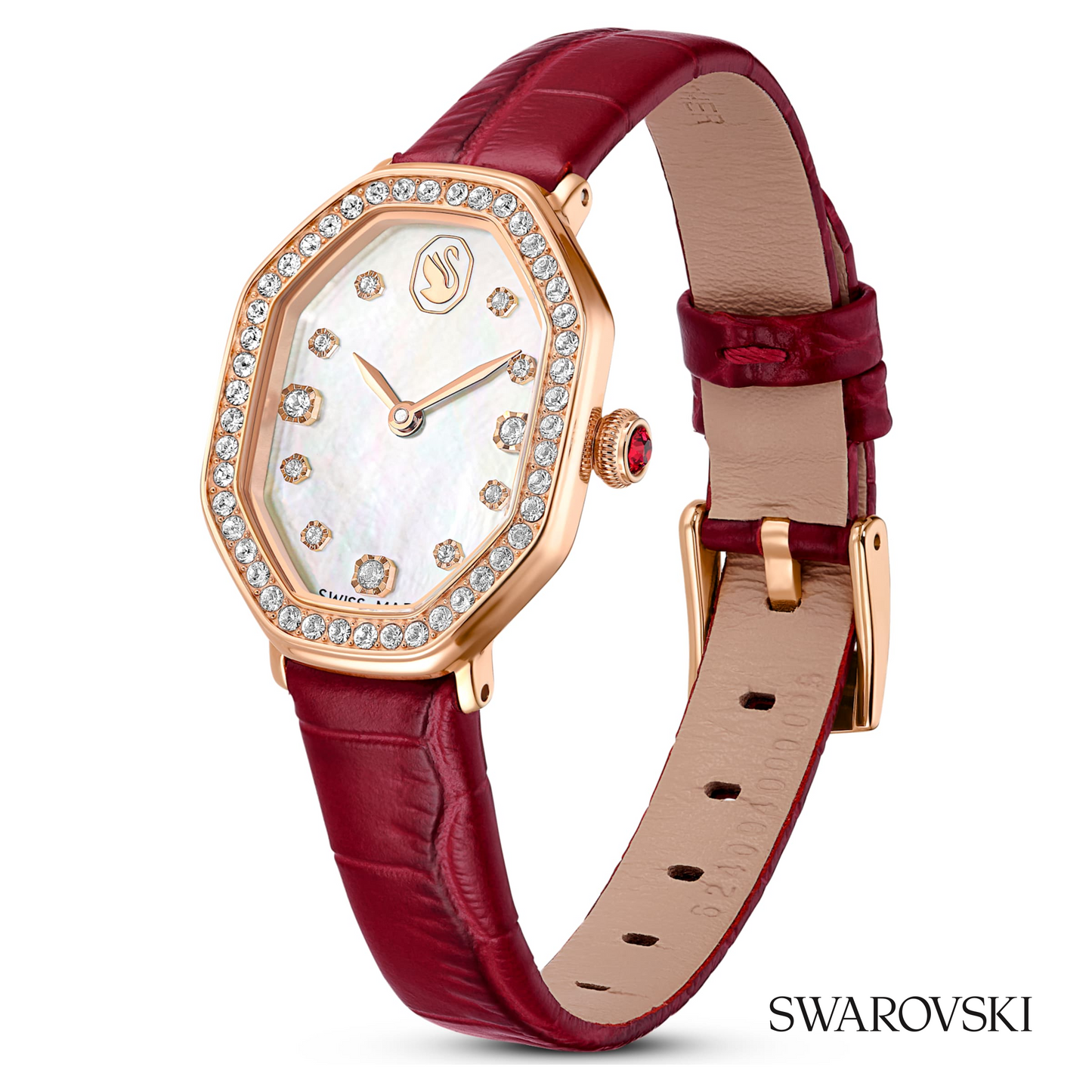 Dextera octagon watch, Swiss Made, Leather strap, Red