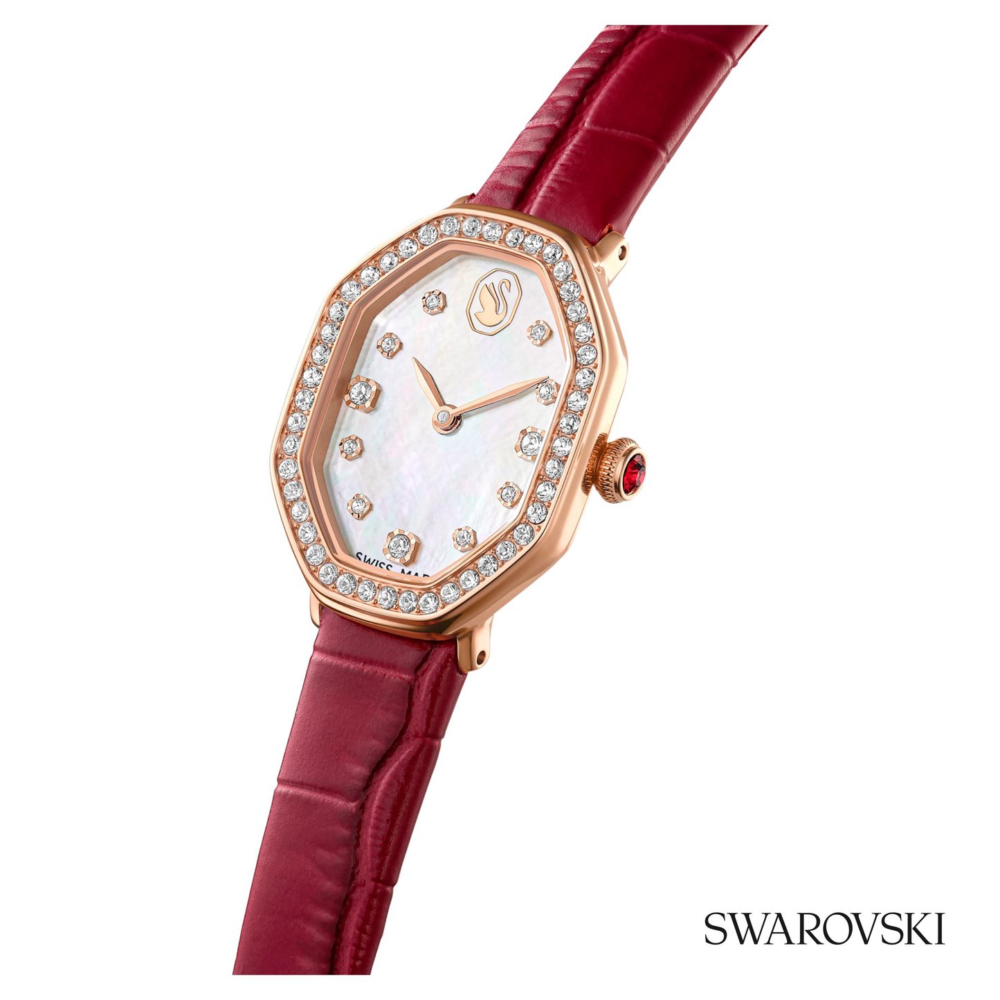 Dextera octagon watch, Swiss Made, Leather strap, Red