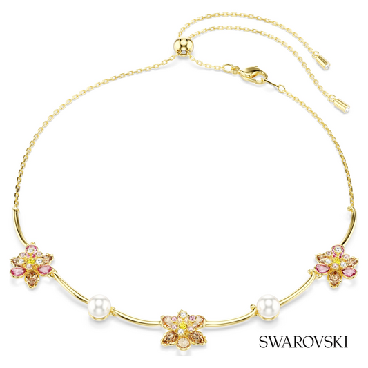 Idyllia necklace, Crystal pearl, Mixed cuts, Flower, Multicolored, 18K gold finish – item 5732388