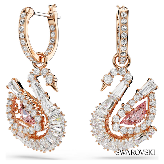 Swan drop earrings, Pave, Swan, Pink, 18K rose gold finish – item 5732415