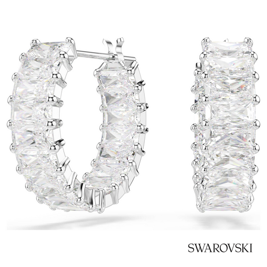 Matrix hoop earrings, Baguette cut, White, Rhodium plated – item 5733397