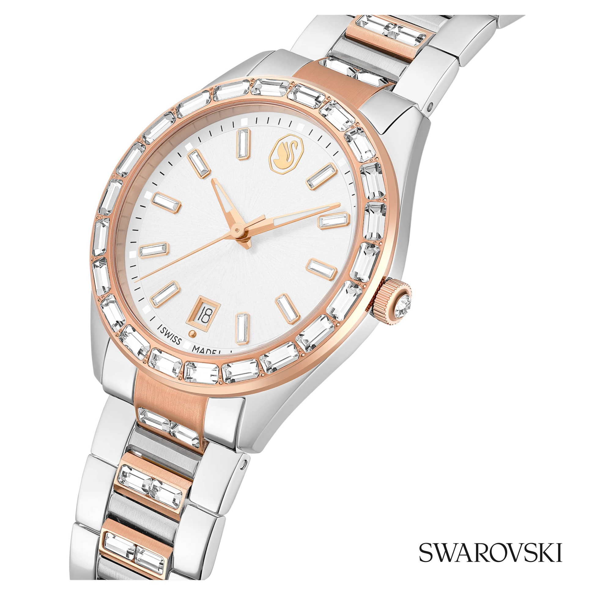 Matrix date watch, Swiss Made, Metal bracelet, Rose gold tone, Mixed metal finish