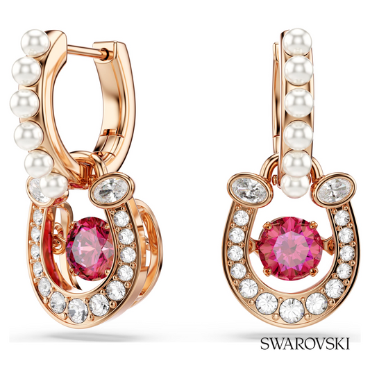 Symbolica drop earrings, Crystal pearl, Round cut, Pave, Horse shoe, Red, 18K rose gold finish – item 5736979