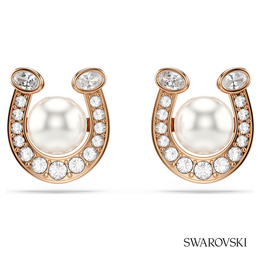 Symbolica stud earrings, Crystal pearl, Pave, Horse shoe, White, 18K rose gold finish – item 5736980