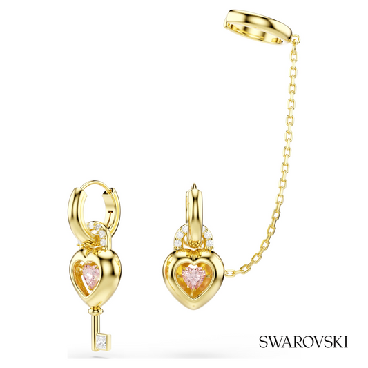 Idyllia drop earrings with ear cuff, Mixed cuts, Heart with key, Pink, 18K gold finish – item 5737294