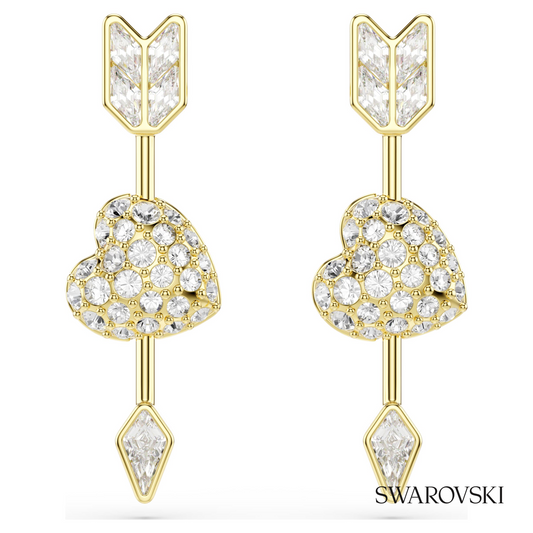 Idyllia drop earrings, Mixed cuts, Heart with arrow, White, 18K gold finish – item 5737295