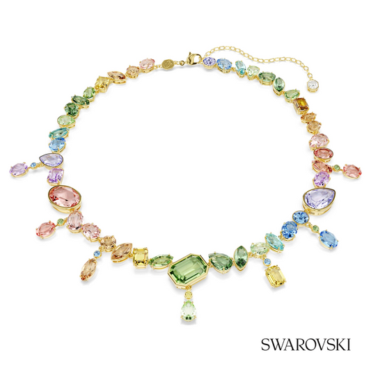 Gema necklace, Mixed cuts, Dangling crystals, Multicolored, 18K gold finish – item 5737443