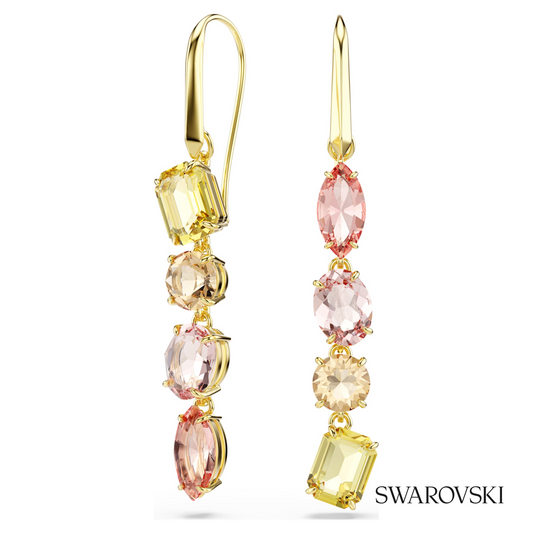 Gema drop earrings, Asymmetrical design, Mixed cuts, Pink, 18K gold finish – item 5737454