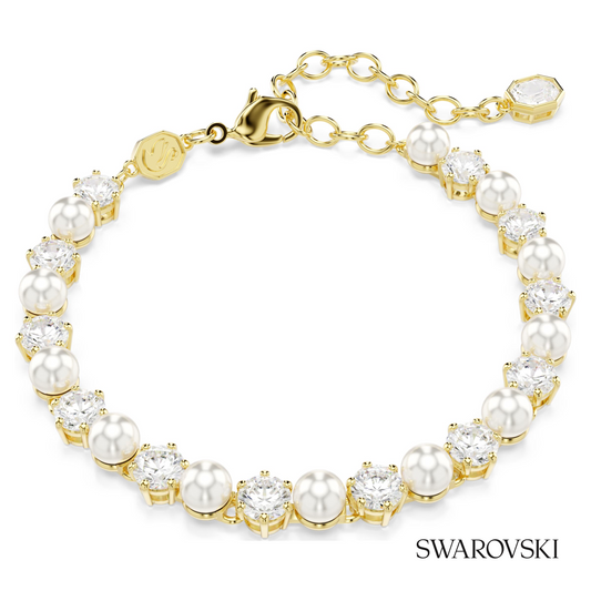 Matrix Tennis bracelet, Crystal pearl, Round cut, White, 18K gold finish – item 5742026