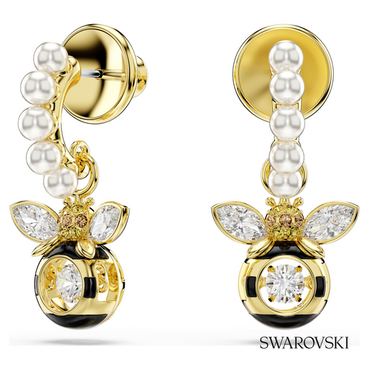 Idyllia drop earrings, Crystal pearl, Mixed cuts, Bee, Multicolored, 18K gold finish – item 5742678
