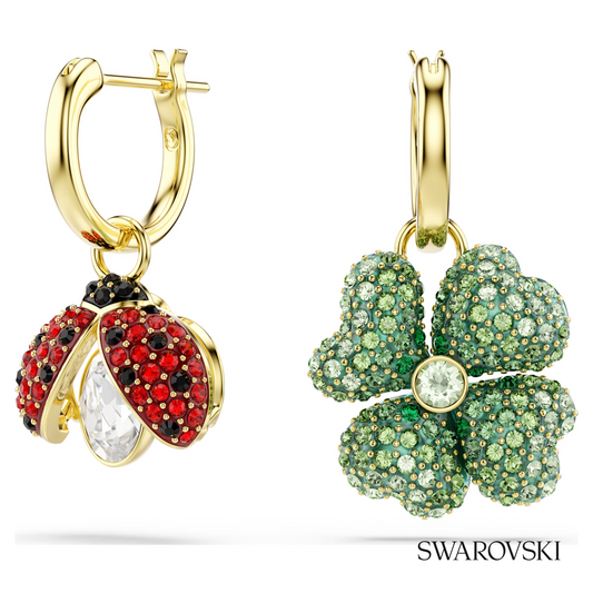 Idyllia drop earrings, Set (3), Ladybug, Clover, Strawberry, Multicolored, 18K gold finish – item 5742681