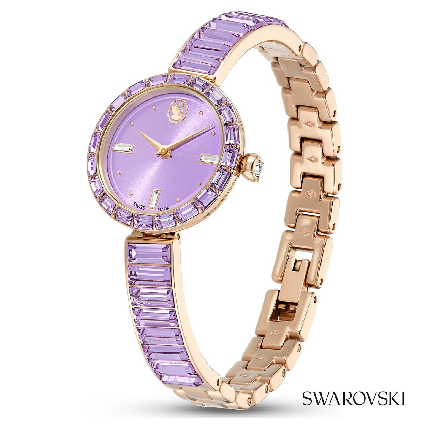 Matrix bangle watch, Swiss Made, Crystal bracelet, Purple, Champagne gold-tone finish